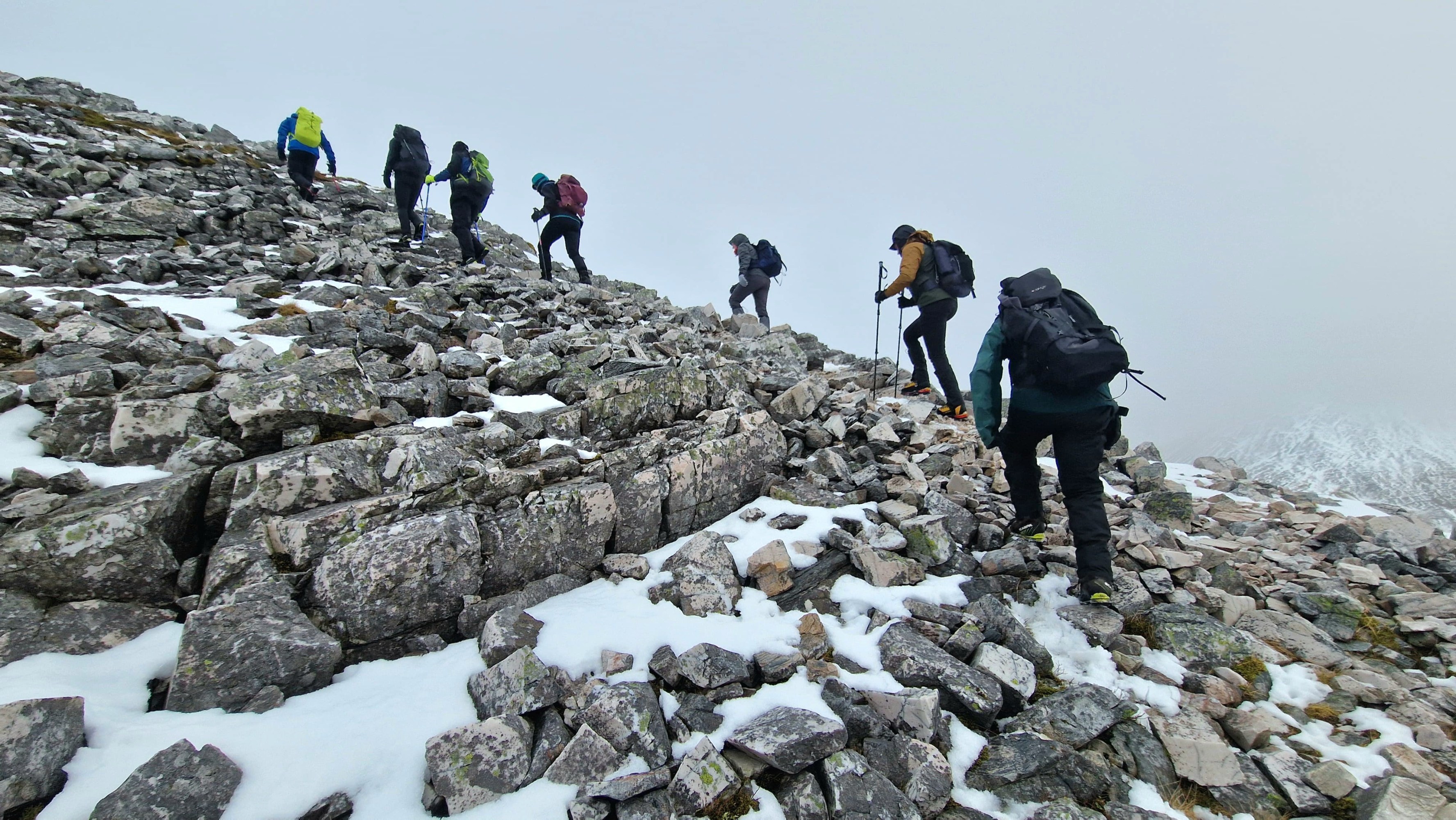 Winter Gloves. Hikers with backpacks climbing a snowy, rocky mountain slope.